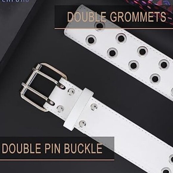 Double Grommet Punk Belt White Vegan Leather Studded Belt for Women Men Jeans main image 5
